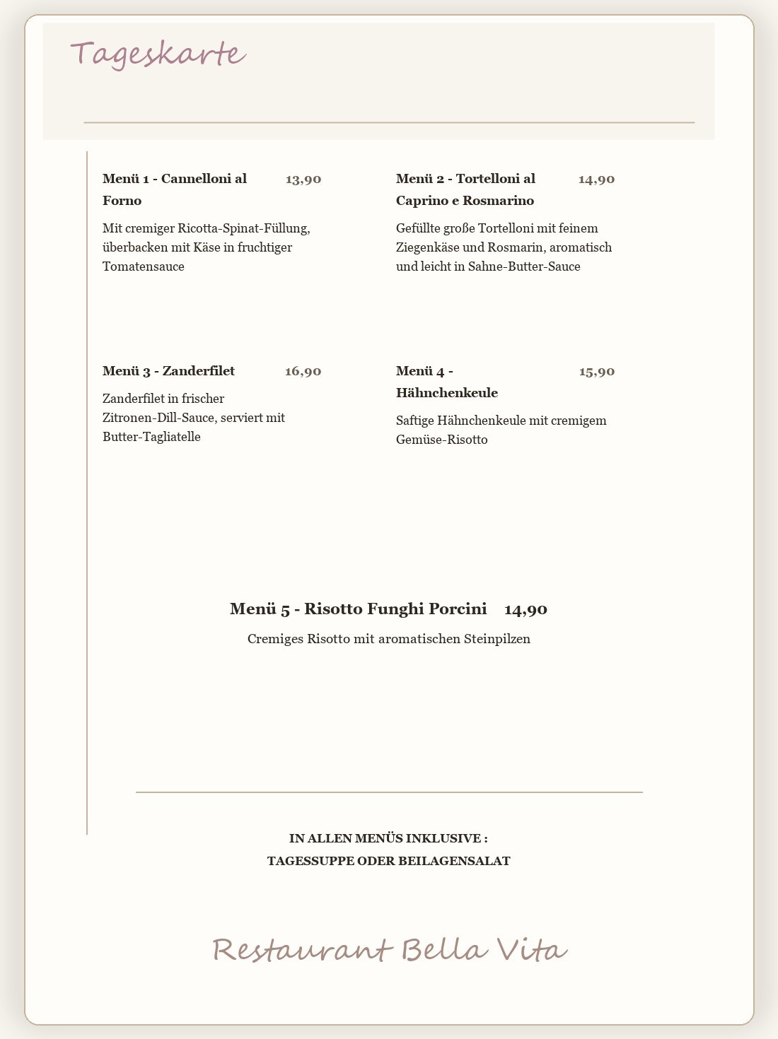 Bella Vita daily menu flyer