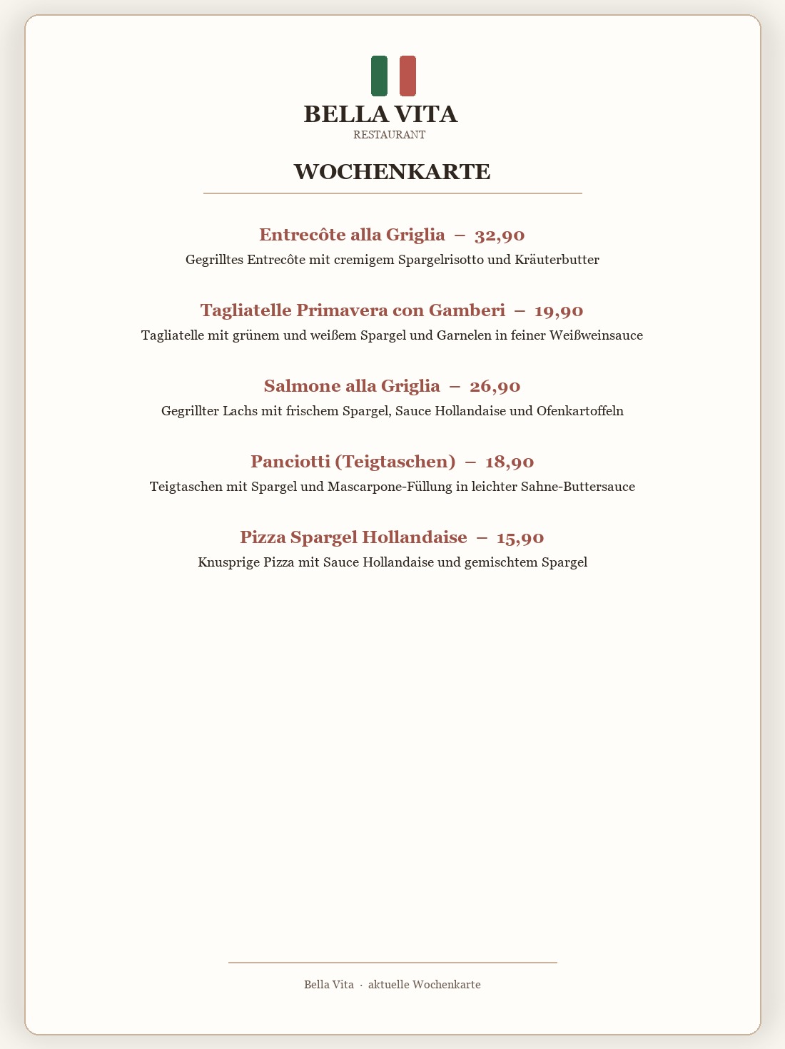 Bella Vita weekly menu flyer